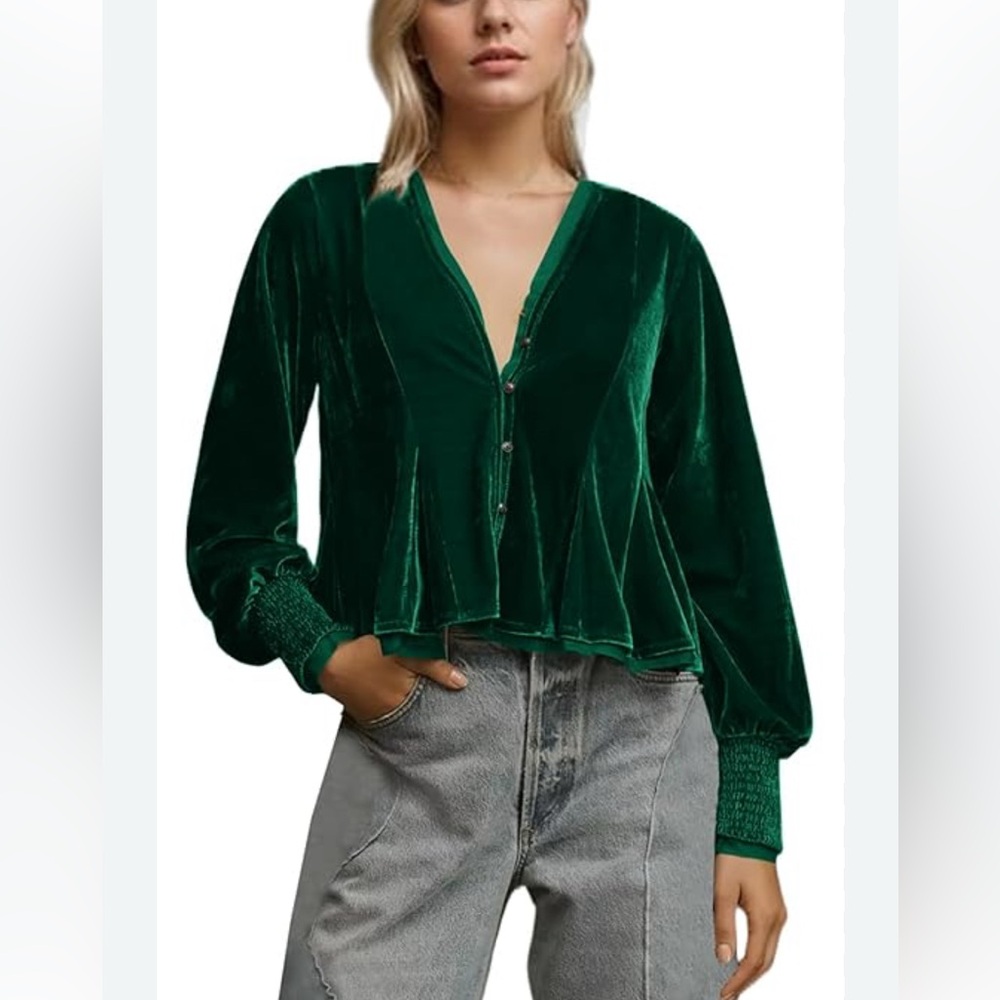 ANTHROPOLOGIE Whimsigoth Emerald Green Swing Velvet Peasant Top NWT